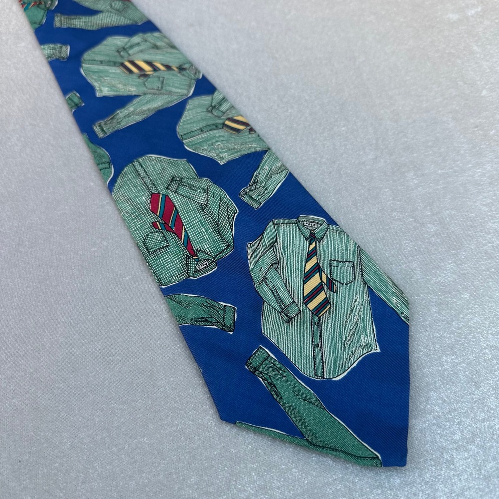VTG Polo Ralph Lauren Mens Silk Tie Shirt Necktie Print Blue Green 58" Vintage